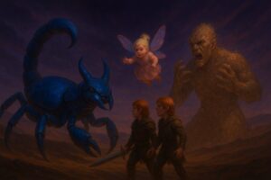 En un paisaje desértico y sombrío, dos gemelos armados aguardan con determinación. Frente a ellos, una criatura enorme (mitad escarabajo mitad escorpión) azul, amenazante, se prepara para atacar. Sobre ellos, una pequeña hada luminosa observa con preocupación, mientras detrás del insecto gigante, una criatura de barro y piedra ruge, envuelta en furia bajo un cielo oscuro y cargado de misterio.