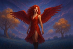 Berenge: Una joven con un aire místico y poderoso, situada en un paisaje al aire libre bajo un cielo crepuscular. Ella tiene el cabello largo, rizado y de un intenso color rojo que parece vibrar con vida propia. Lleva un vestido rojo sin mangas, con un corte que permite que una de sus piernas quede parcialmente al descubierto, y calza botas negras que contrastan con el tono cálido de su vestimenta. Un rasgo muy distintivo son sus grandes alas rojas, desplegadas a ambos lados, que se ven robustas y bien definidas, dando la impresión de estar listas para el vuelo. La expresión de su rostro es seria y fija, con ojos rojos que acentúan su apariencia sobrenatural, transmitiendo fuerza y determinación. Su postura es erguida y su cuerpo está ligeramente orientado hacia la derecha, como si estuviera atenta a algo fuera del encuadre. El fondo presenta un paisaje natural, con una pradera cubierta de hierba oscura y frondosos árboles a ambos lados, cuyas hojas tienen tonos anaranjados y amarillos, como si reflejaran la luz del atardecer o estuvieran en plena estación otoñal. El cielo, rico en matices de azul profundo y nubes difusas en tonalidades que varían del naranja al rosa, sugiere un momento de transición entre el día y la noche, aportando un aire místico y sereno al conjunto. En su totalidad, la imagen combina el elemento fantástico de la figura central con un entorno que invita a la contemplación y que realza la atmósfera mágica y etérea de la escena.