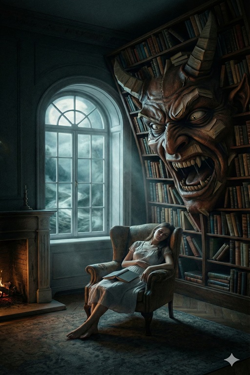 Una escena oscura y misteriosa en una habitación con una gran silla donde una mujer está dormida, con un libro abierto sobre sus piernas. Detrás de ella, una enorme estantería llena de libros alberga una cara demoníaca enorme con cuernos y expresión feroz. Hay una ventana arqueada que deja entrar una luz tenue y una chimenea encendida que aporta una luz cálida a la habitación. La atmósfera es inquietante y surrealista.