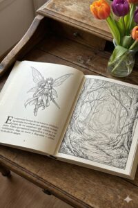 Un libro abierto sobre un escritorio de madera rústica. En la página de la izquierda hay un dibujo detallado de un hada con alas grandes y vestimenta medieval, sosteniendo una daga. Debajo, un texto en español que habla de un bosque majestuoso y cazadores. En la página derecha hay una ilustración en blanco y negro de un sendero rodeado de árboles con ramas entrelazadas, creando un ambiente misterioso. A la derecha del libro, hay un jarrón con tulipanes naranjas y morados.