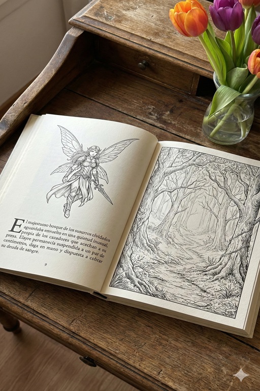Un libro abierto sobre un escritorio de madera rústica. En la página de la izquierda hay un dibujo detallado de un hada con alas grandes y vestimenta medieval, sosteniendo una daga. Debajo, un texto en español que habla de un bosque majestuoso y cazadores. En la página derecha hay una ilustración en blanco y negro de un sendero rodeado de árboles con ramas entrelazadas, creando un ambiente misterioso. A la derecha del libro, hay un jarrón con tulipanes naranjas y morados.
