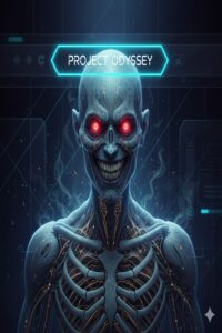 Un avatar IA con un aspecto siniestro y futurista. Su piel es azulada y translúcida, dejando ver un esqueleto y nervios visibles. Tiene ojos rojos brillantes y una sonrisa amplia y aterradora. Sobre su cabeza aparece un letrero luminoso que dice "PROJECT ODYSSEY". El fondo es oscuro con elementos tecnológicos y patrones digitales