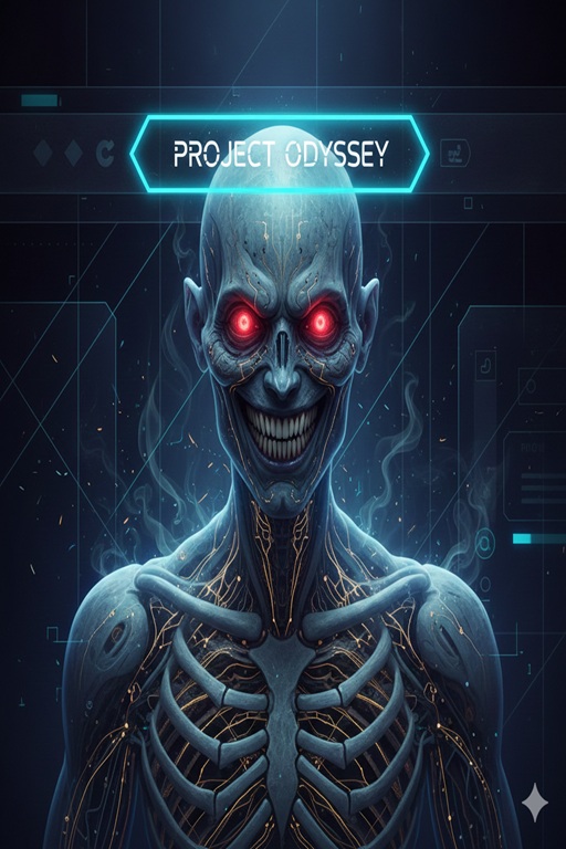 Un avatar IA con un aspecto siniestro y futurista. Su piel es azulada y translúcida, dejando ver un esqueleto y nervios visibles. Tiene ojos rojos brillantes y una sonrisa amplia y aterradora. Sobre su cabeza aparece un letrero luminoso que dice "PROJECT ODYSSEY". El fondo es oscuro con elementos tecnológicos y patrones digitales