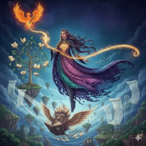 Una elfa vestida con una túnica larga y colorida llena de símbolos luminosos, flotando en el centro. En una mano sostiene una varita que emite una luz dorada de la cual parece surgir un fénix ardiente que lleva una pluma en las garras. Debajo, un búho gigantesco con varios ojos sostiene un libro abierto mientras vuela. Hay árboles con libros en lugar de hojas y estatuas que sostienen pergaminos, todo en un paisaje de islas flotantes bajo un cielo nocturno azul profundo.
